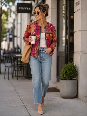 Ruby Rd. Patchwork Quilted Blazer in Berry and Mustard